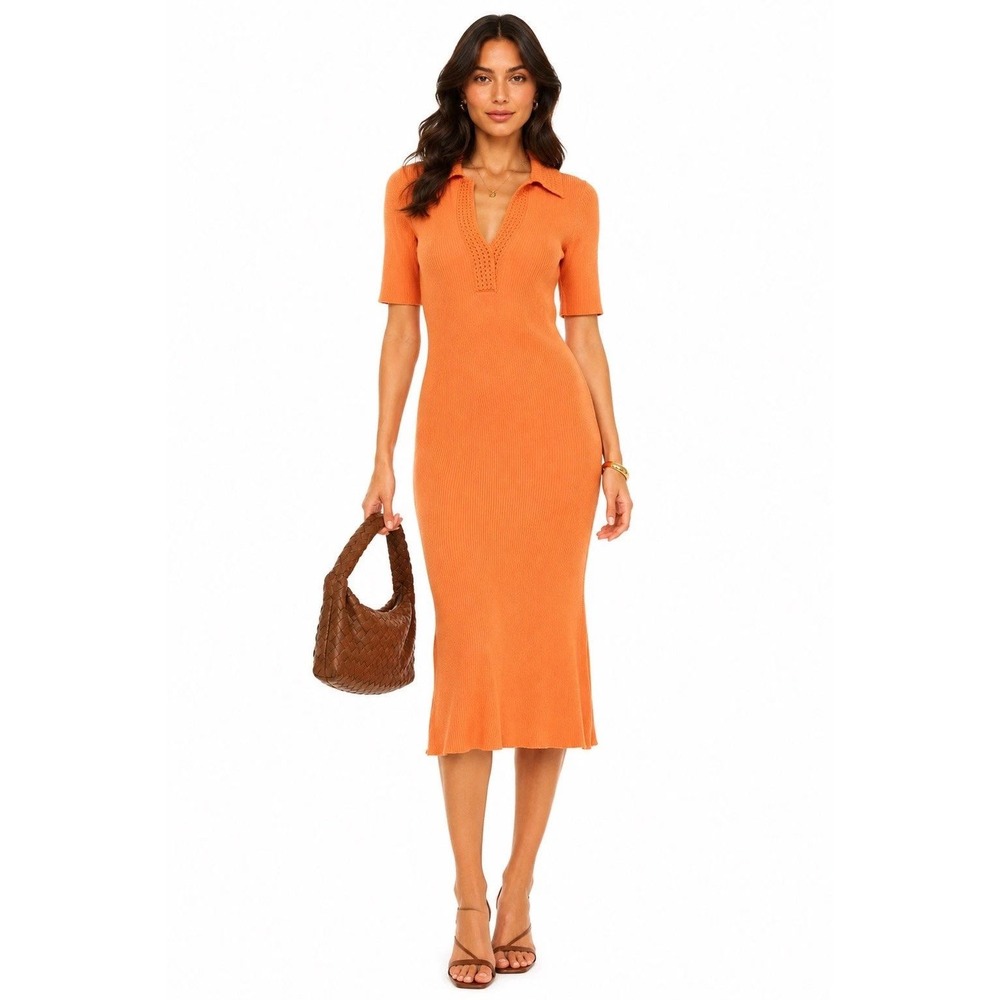 Caroline Constas Polo Midi Dress Orange Ribbed Knit Crochet Collar Womens Size M